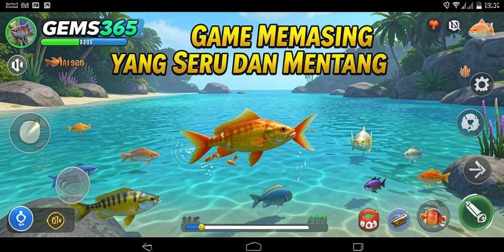 Screenshot gameplay GEMS365 menampilkan aksi memancing yang mendebarkan.