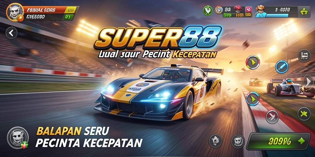 Screenshot gameplay SUPER88 menunjukkan aksi balapan yang intens.